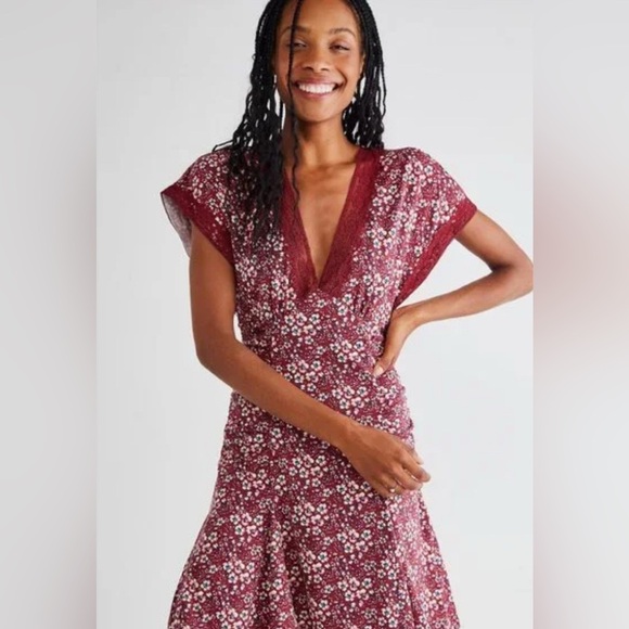 Free People Sweet Talker Mini Dress | Size Small | Wine Floral & Lace - Picture 1 of 13